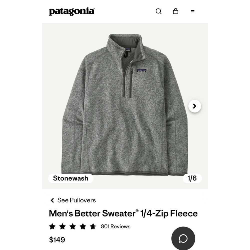 $149 Patagonia Men's Better Sweater® 1/4-Zip Fleece Gray Stonewash Medium